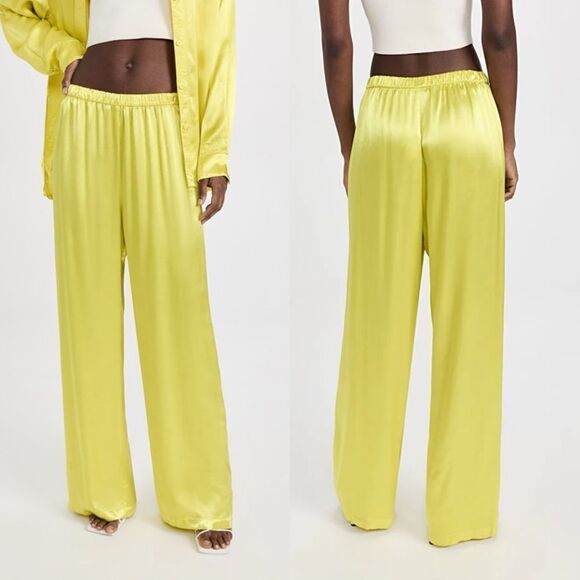 Enza Costa Sold Out Satin High Waist Wide Leg Pull On Pants in Acid Green size S - Picture 3 of 13